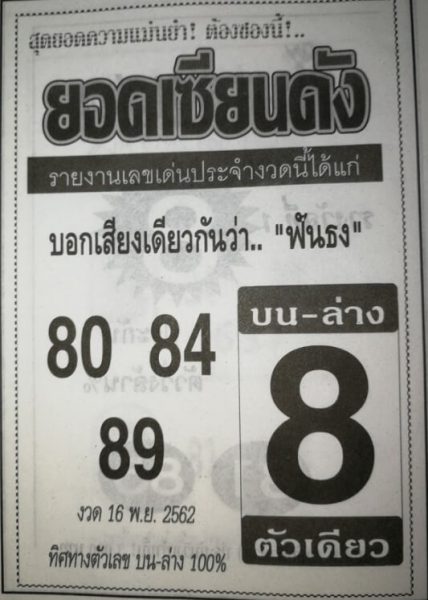 หวยยอดเซียนดัง 16/12/62 สุดยอดเลขเด่นงวดนี้ สรุปหวยยอด ...