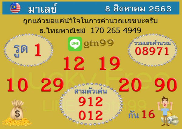 หวยมาเลย์วันนี้ 8/8/63 ชุดที่ 1