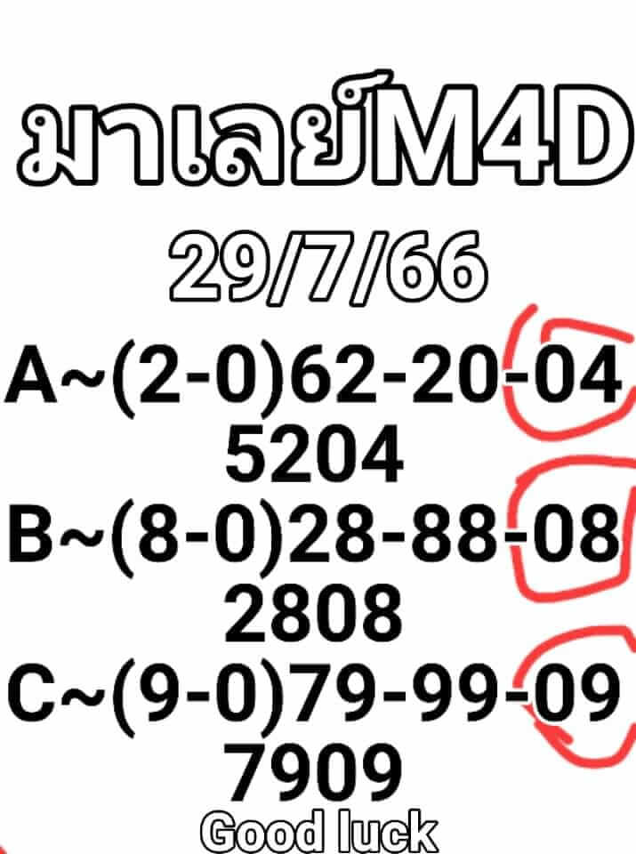 หวยมาเลย์วันนี้ 29/7/66 ชุดที่ 1